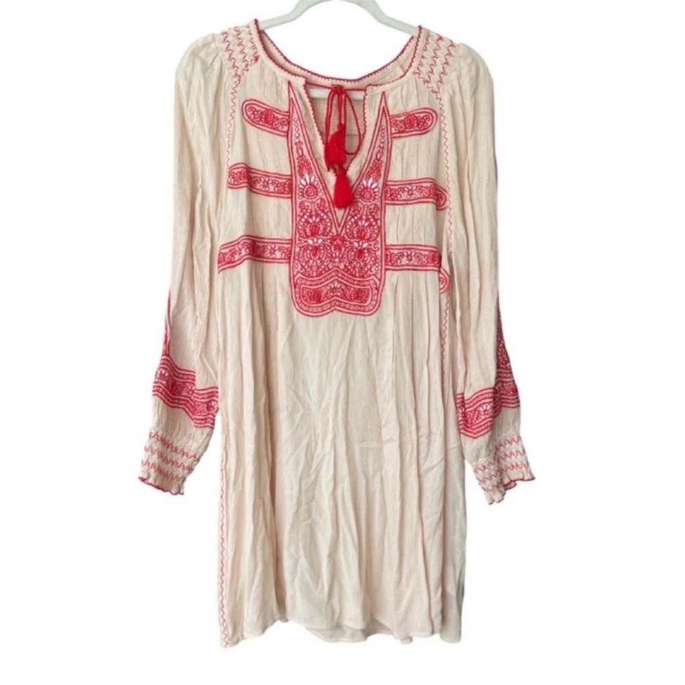 Free People Wind Willow Mini Dress XS Embroidered Boho Tassel Cream Red NWT